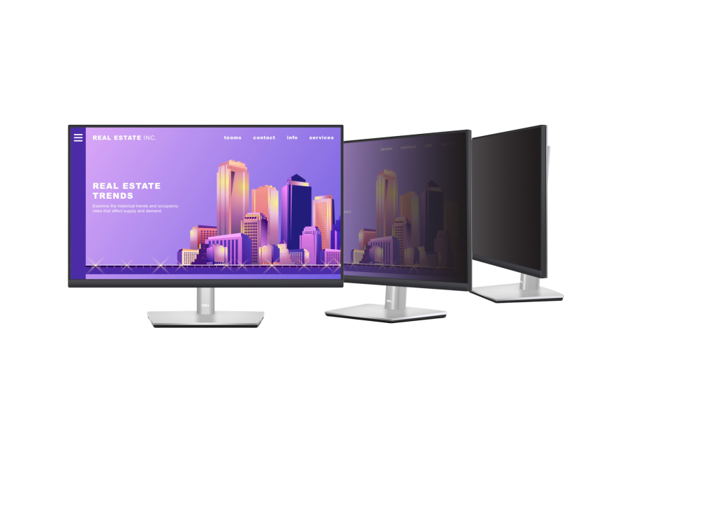 Three monitors: the screen is clear from the front and darkens from the side