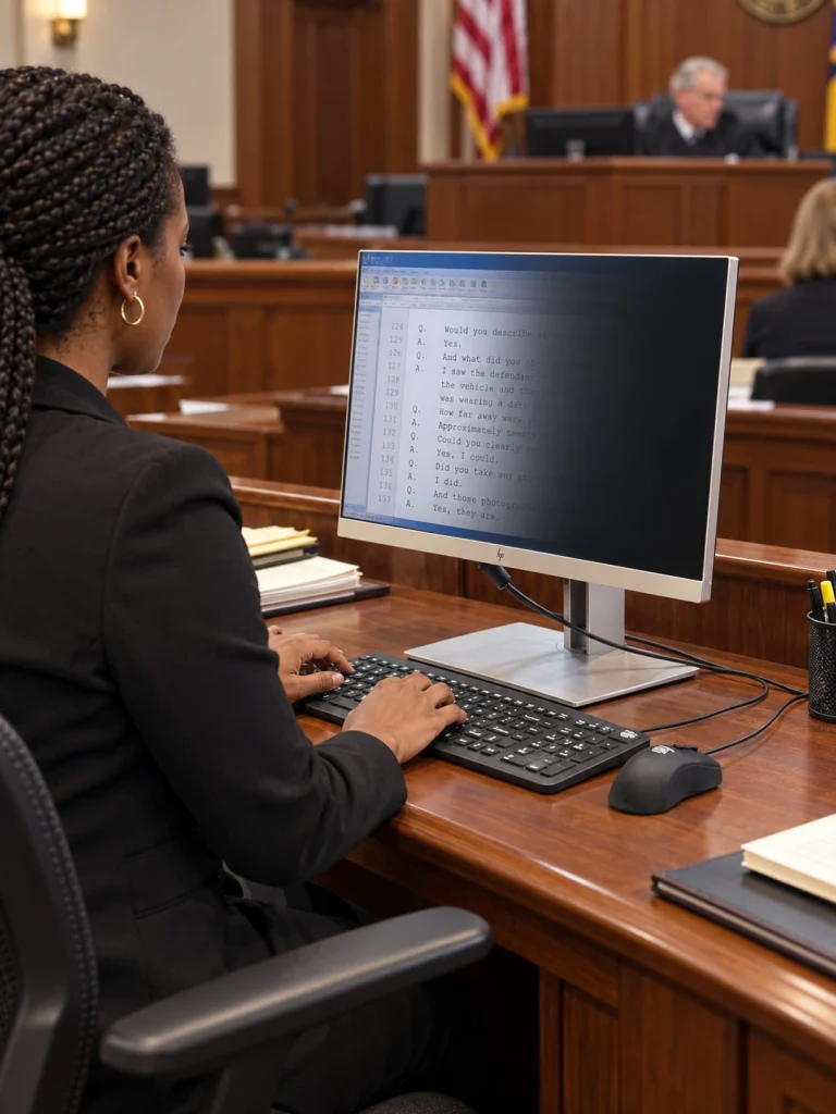 African American stenographer at a courtroom desk with MMI keyboard and mouse and a monitor displaying a court transcript with privacy fading on the right