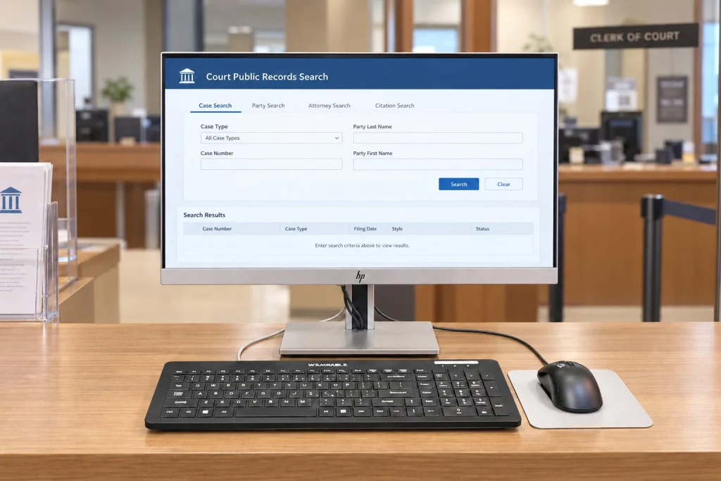 Public-access court records workstation with keyboard and mouse at a courthouse service counter