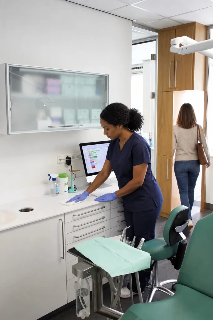 Dental hygienist wiping the counter with the keyboard visible behind her hands