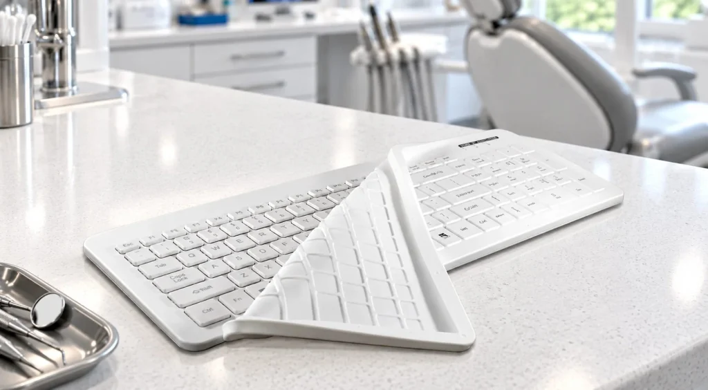 MMI keyboard with a fitted silicone drape at a dental workstation