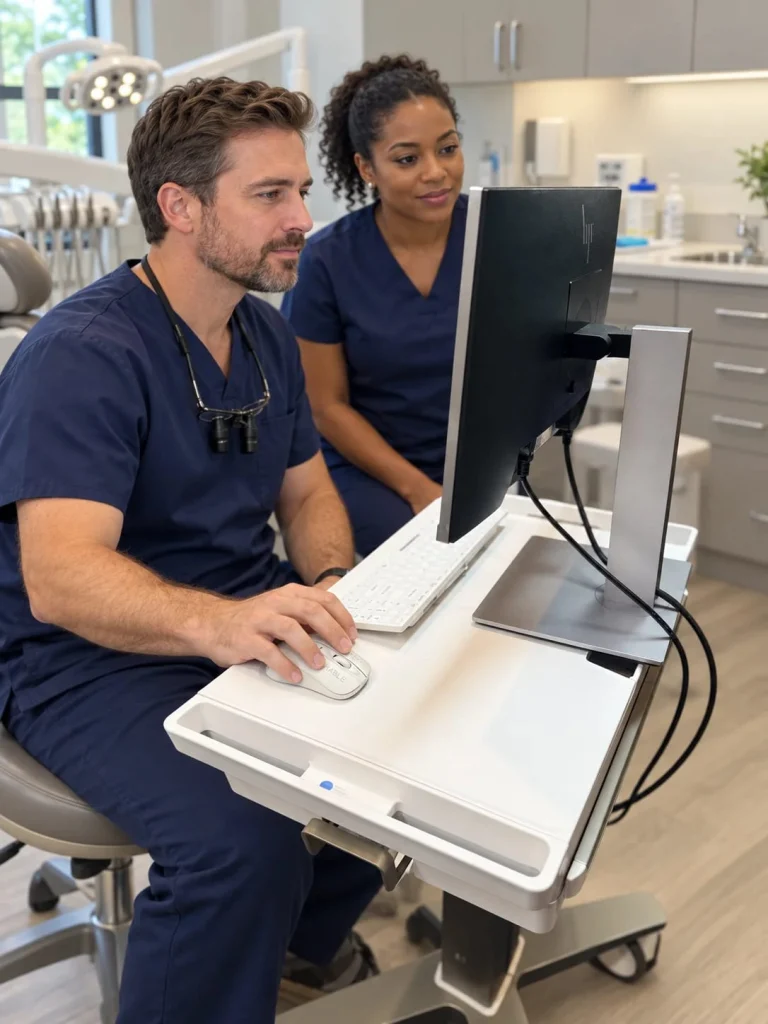 MMI keyboard and mouse at a dental workstation with a dentist and hygienist
