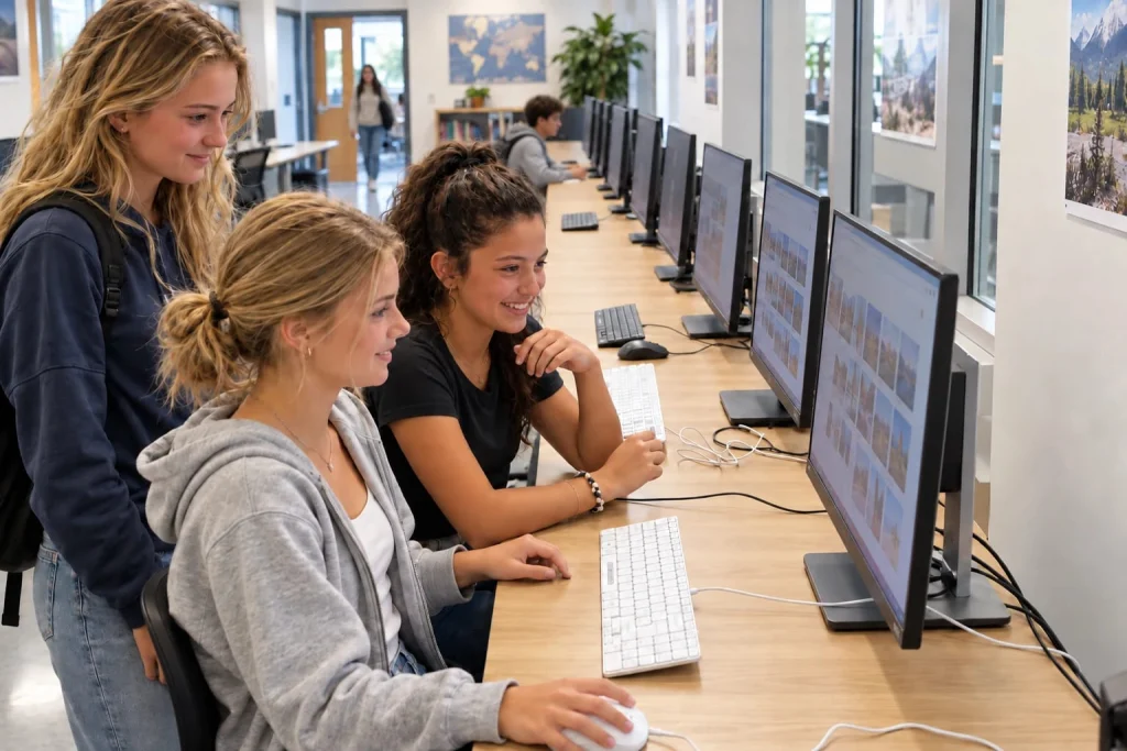 High school students using white keyboards and mice in a computer lab