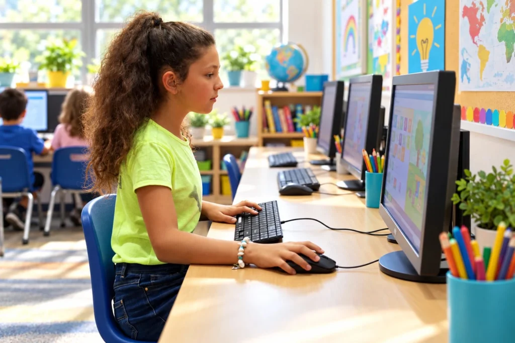 Student using a black keyboard in an elementary school computer lab