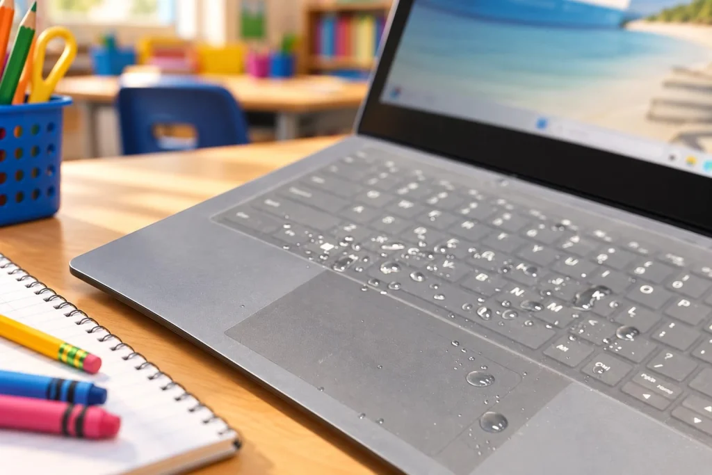 Water droplets on a fitted laptop keyboard drape at a school workstation