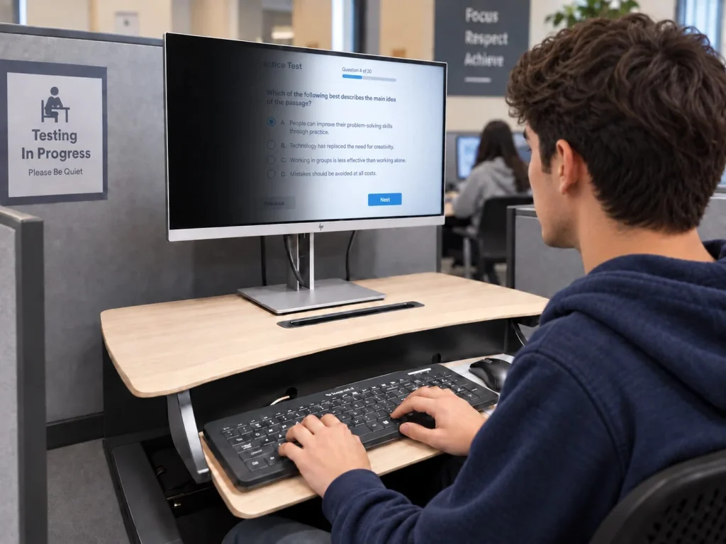 College student taking an online test at an MMI workstation with the left side of a Private Eye™ monitor obscured for visual privacy