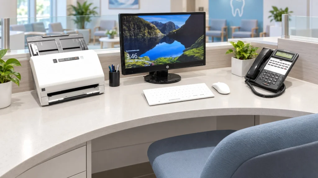 MMI keyboard and mouse at a modern dental front desk workstation