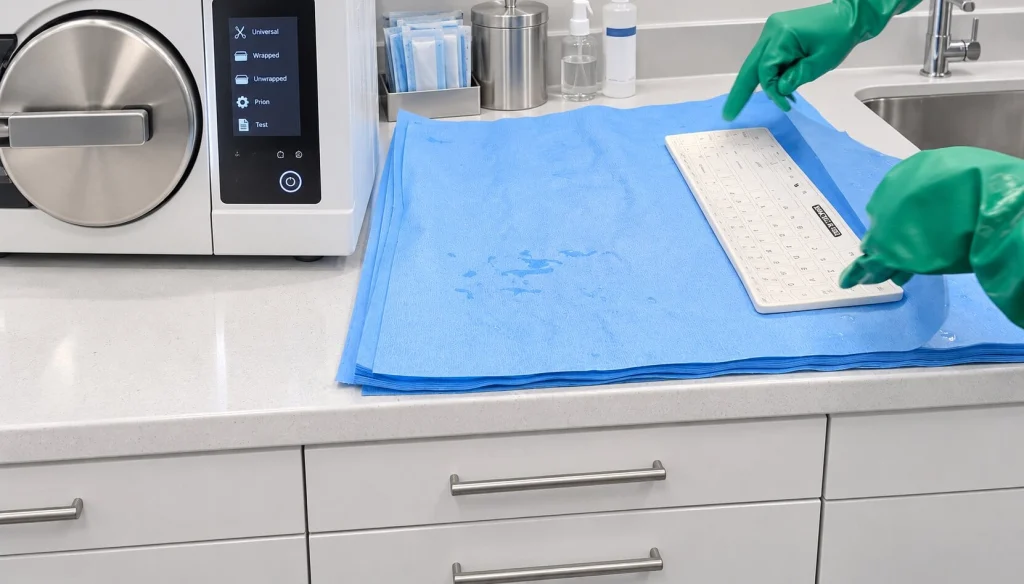 MMI keyboard handled by gloved hands beside an autoclave in a modern dental sterilization area