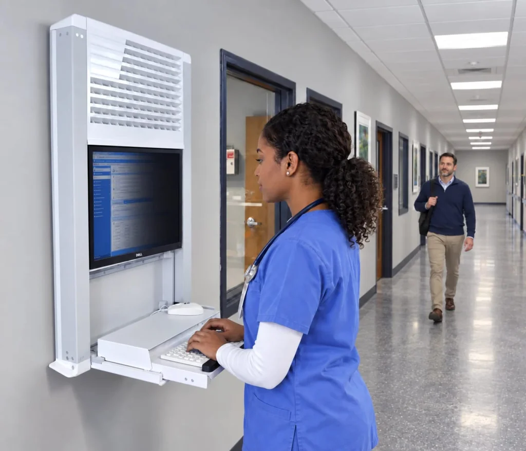 Young African-American clinician typing at an MMI wall workstation with a Private Eye™ privacy-filtered Dell monitor while a visitor approaches through the hallway