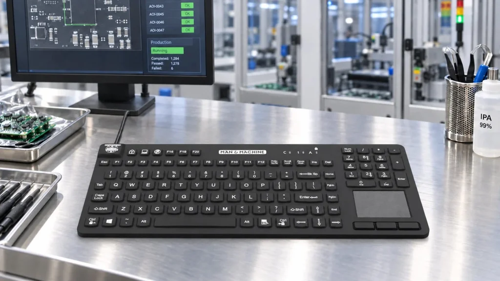 MMI Really Cool Touch keyboard lying flat at a controlled-environment industrial quality-control workstation