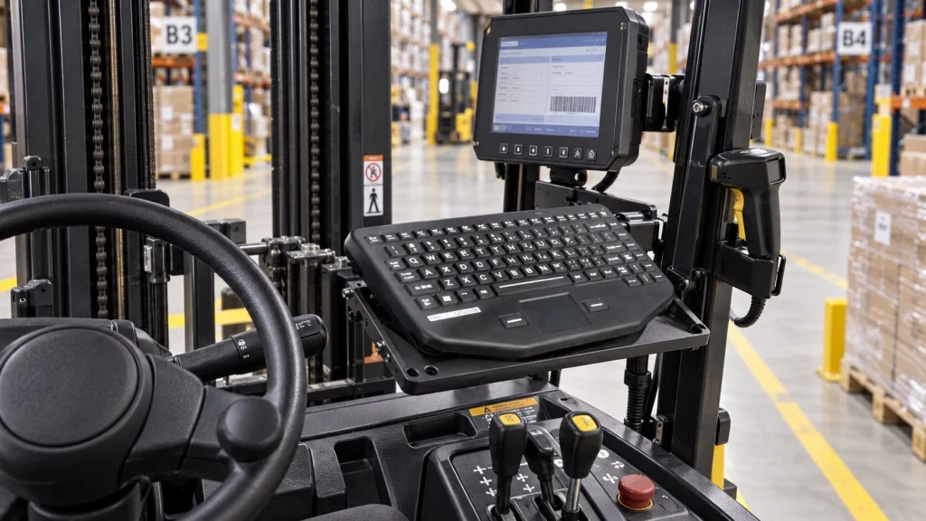 MMI keyboard mounted at a forklift operator workstation in a modern warehouse and logistics facility