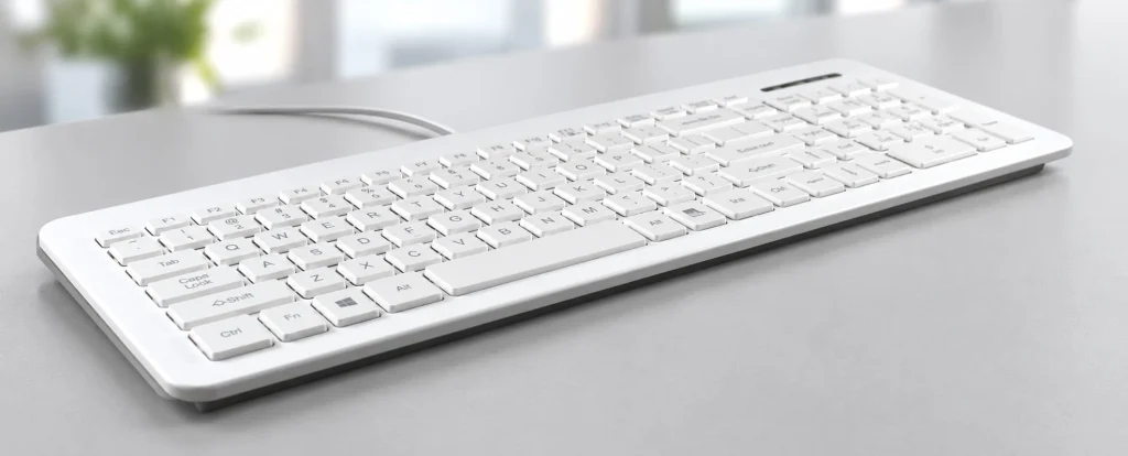 Close-up of an MMI keyboard on a professional worksurface