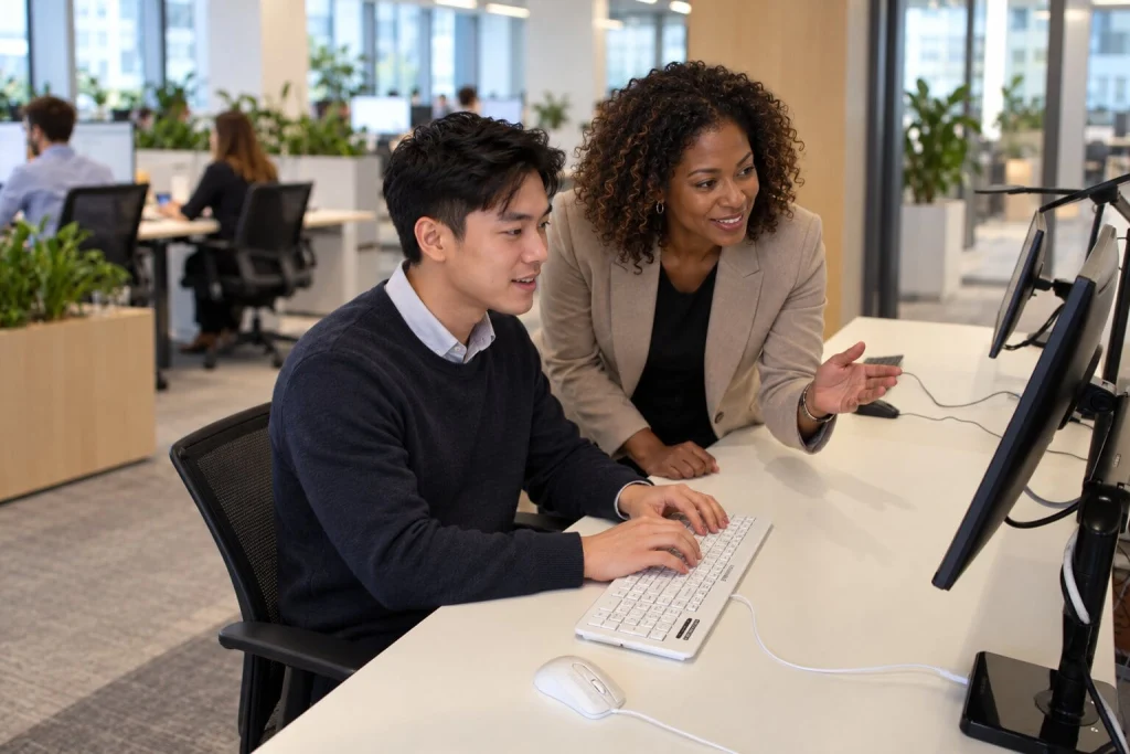 Young Asian man and African American woman at an MMI-equipped shared workstation