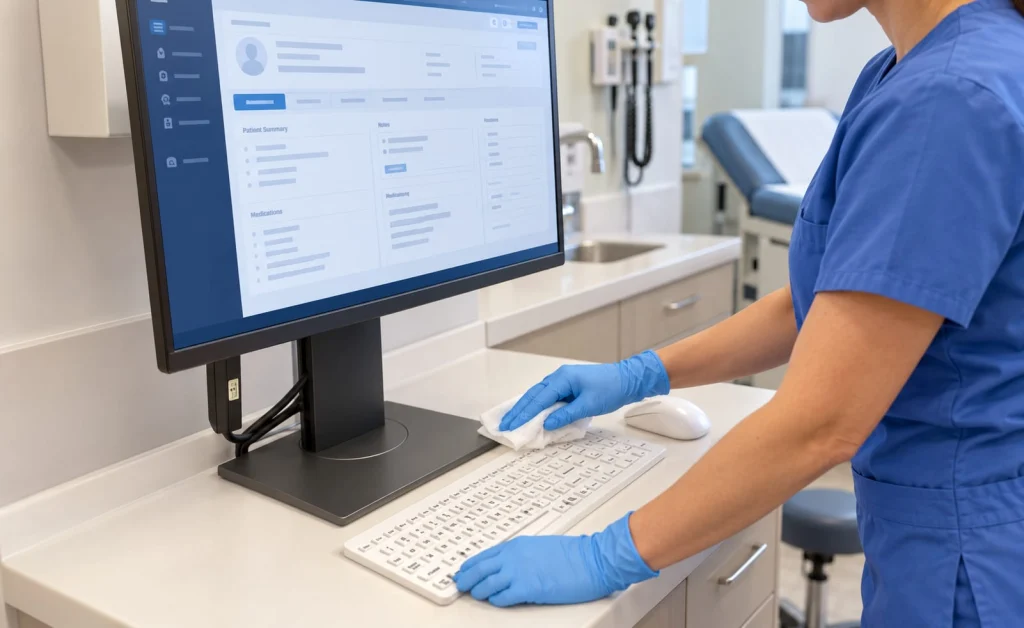 Nurse in scrubs cleaning an MMI keyboard in a medical exam room