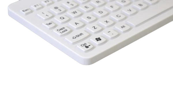 Close-up of the continuous surface and edge of a white MMI Sealed keyboard