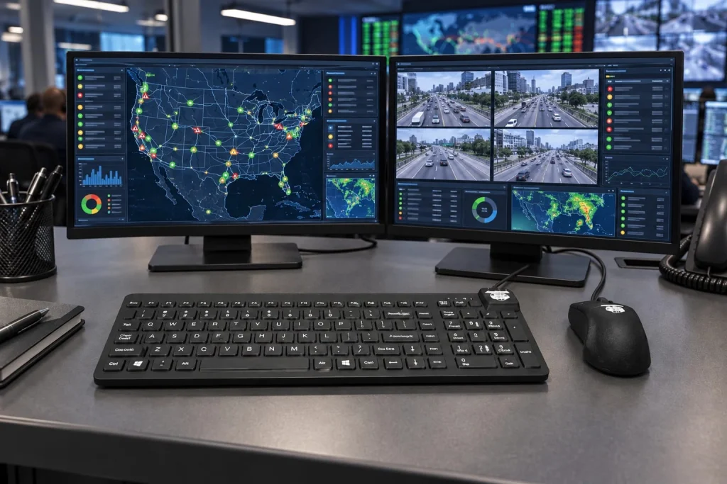Black MMI keyboard and mouse on an operations-center console with two monitors