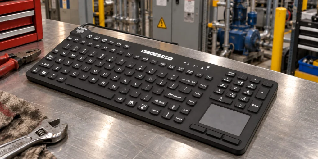 Black Really Cool Touch keyboard resting on a metal maintenance workbench in an industrial facility
