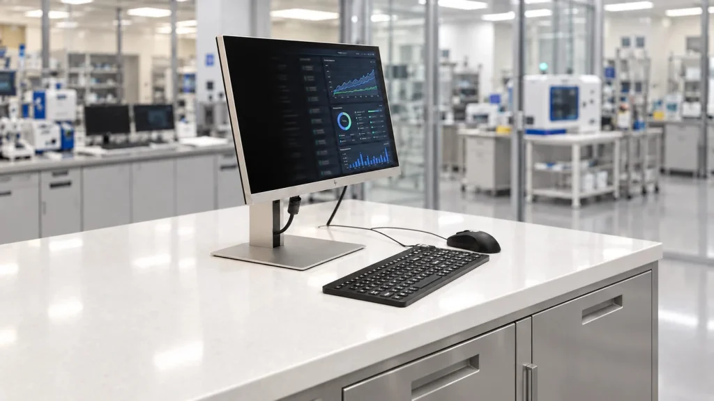 Controlled-environment workstation with privacy-faded monitor and black keyboard and mouse
