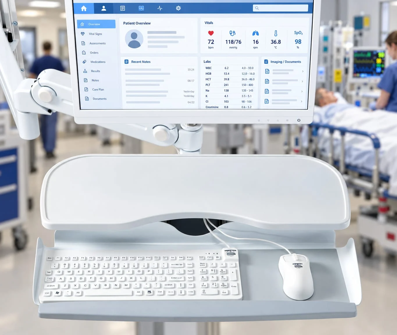 Clinical workstation with monitor, Sealed keyboard, and mouse on a mobile cart