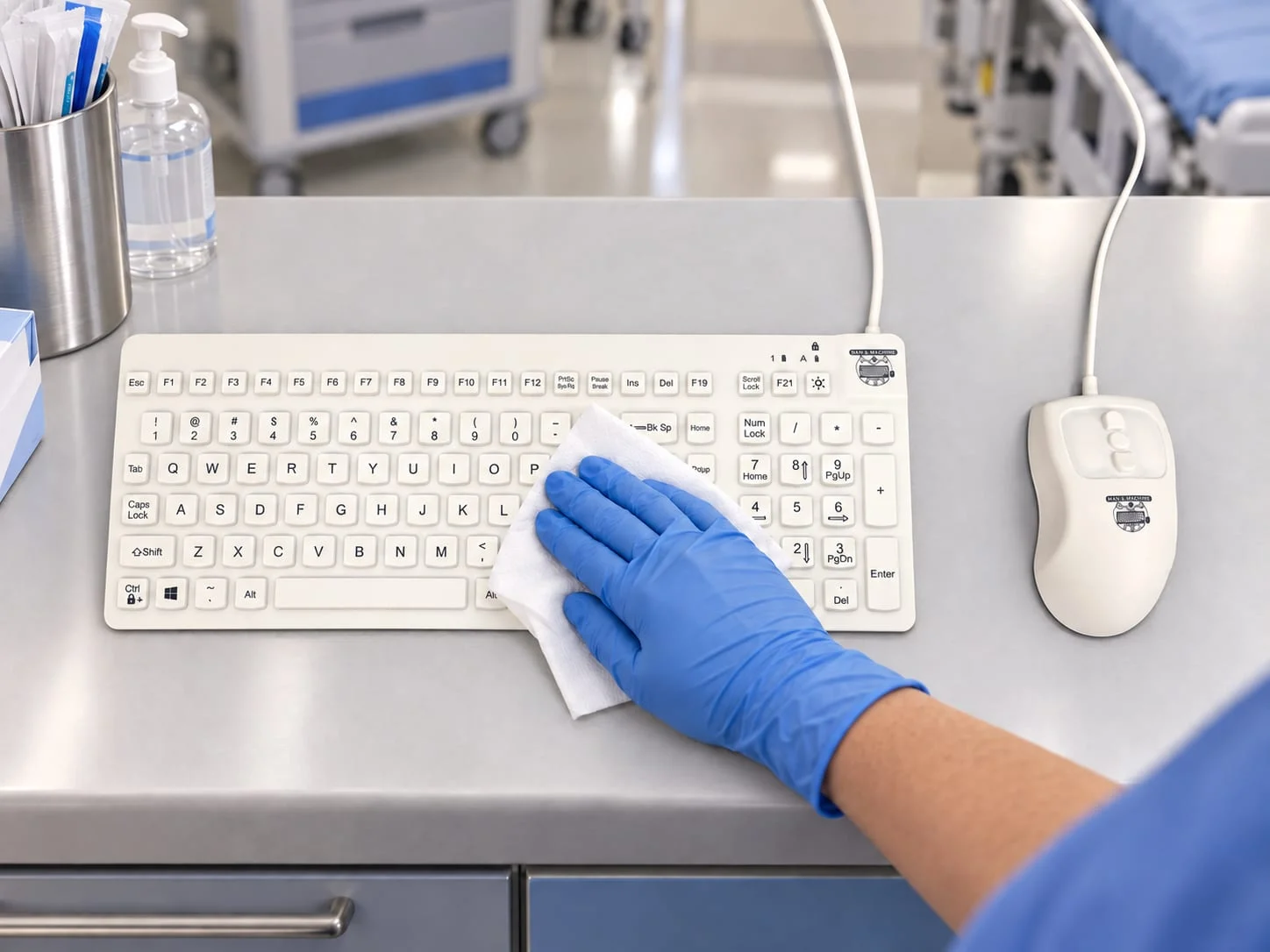 MMI Really Cool keyboard and Petite Mouse being wiped from the front at a healthcare workstation