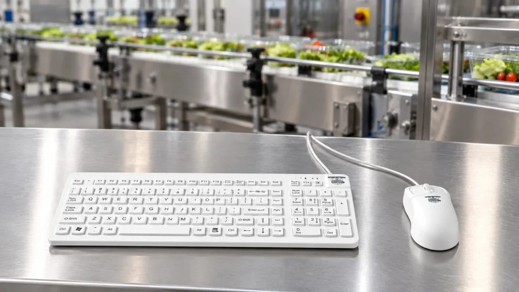 White MMI keyboard and mouse on a stainless-steel workstation in a food processing plant