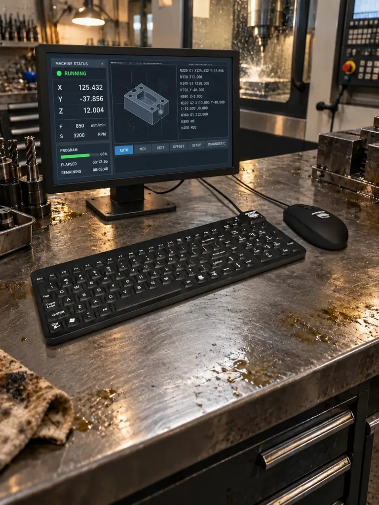 MMI oil-resistant keyboard and mouse with an LCD monitor in an active machine shop