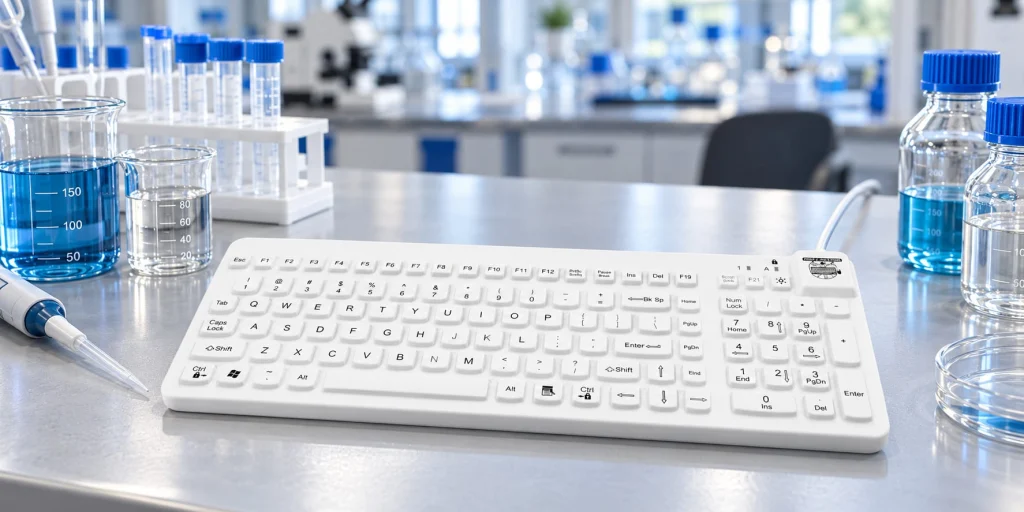 White sealed keyboard beside laboratory fluids and sample preparation equipment
