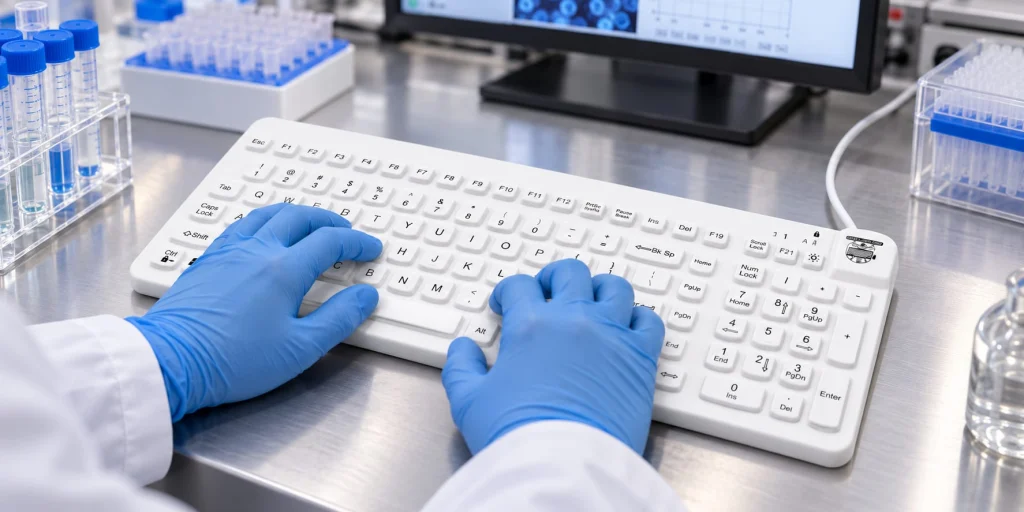 Blue nitrile gloved hands typing on a white sealed keyboard at a laboratory workstation