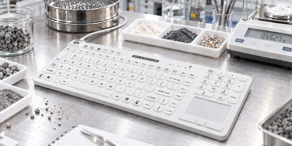 White Really Cool Touch keyboard at a materials testing bench with particulate samples