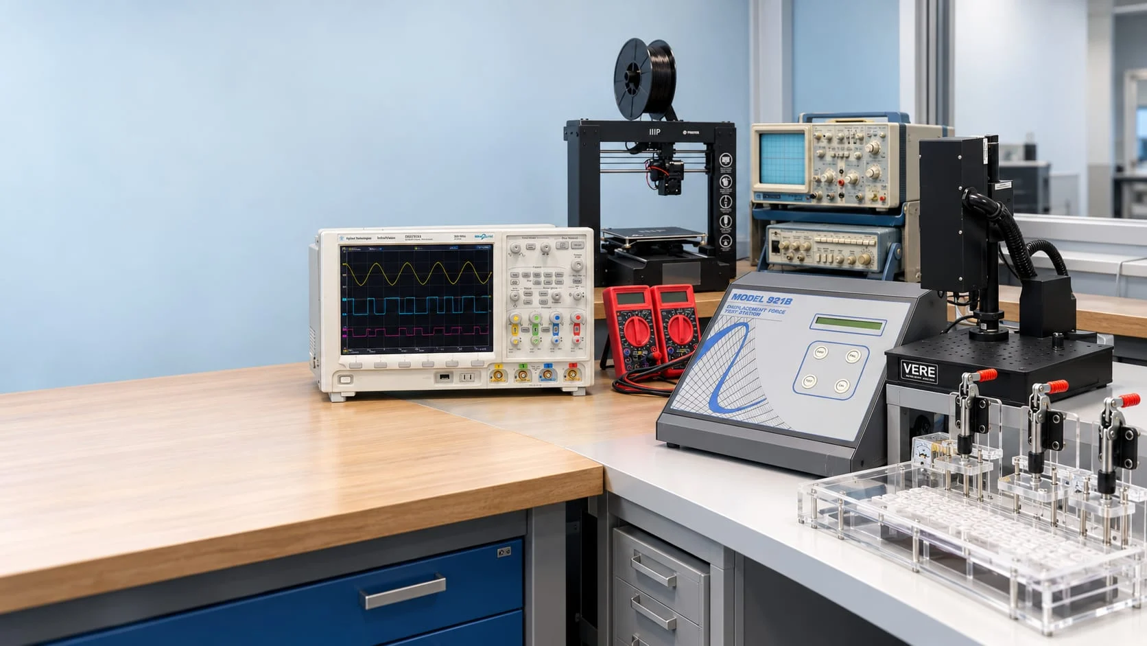 MMI engineering tools including 3D printing, oscilloscopes, multimeters, force testing, and keyboard assembly fixtures