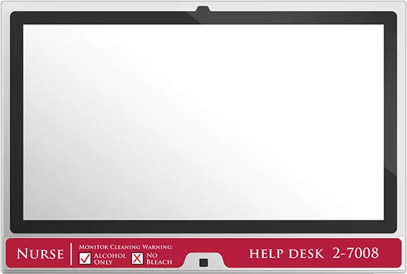 Original MMI monitor label displaying workstation identification, cleaning instructions, and a help desk extension