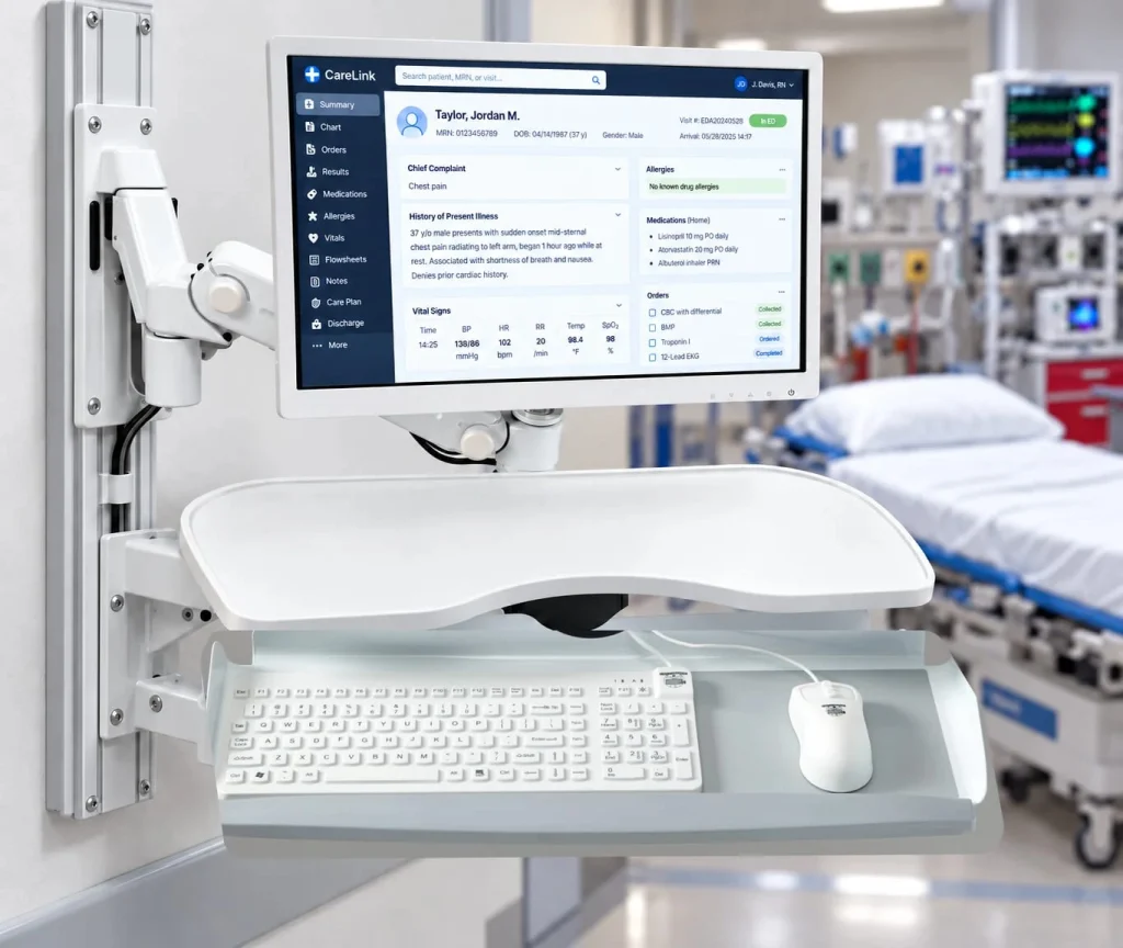 Wall-mounted emergency room workstation with MMI keyboard, mouse, and patient record display