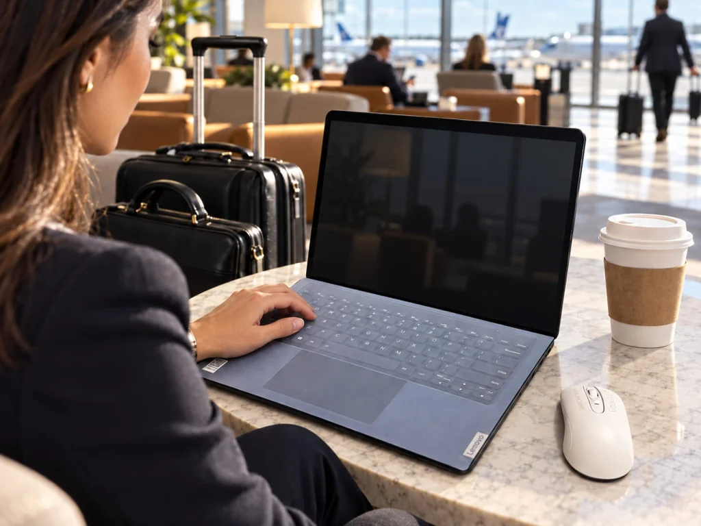 Business traveler using a laptop protected by a Laptop Drape in an airport lounge