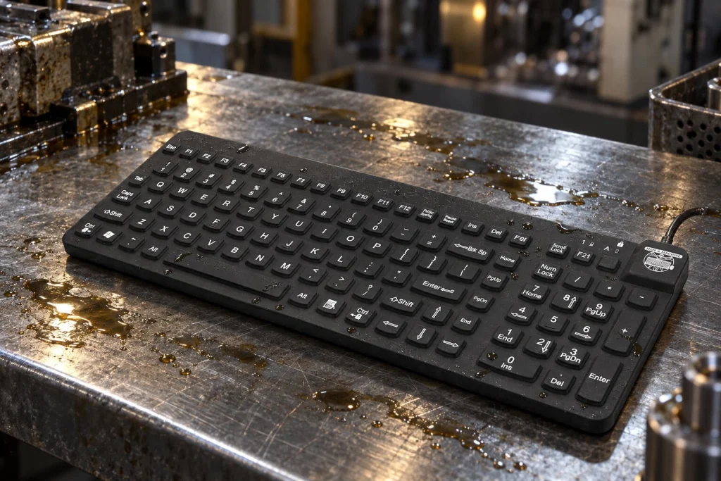 MMI Oil-Resistant keyboard on an industrial metal worksurface