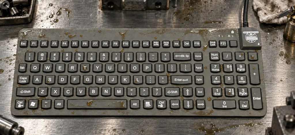 MMI Oil-Resistant keyboard on an oil-marked machine-shop worksurface