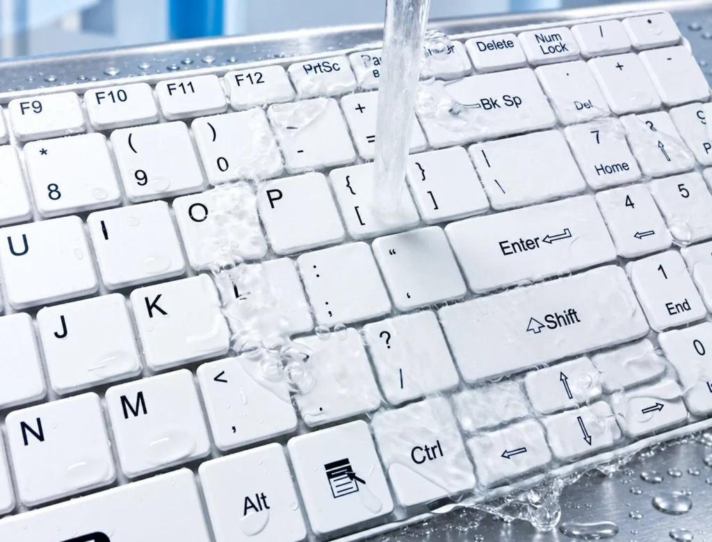 MMI washable keyboard being rinsed under running water in a clinical wash-station setting