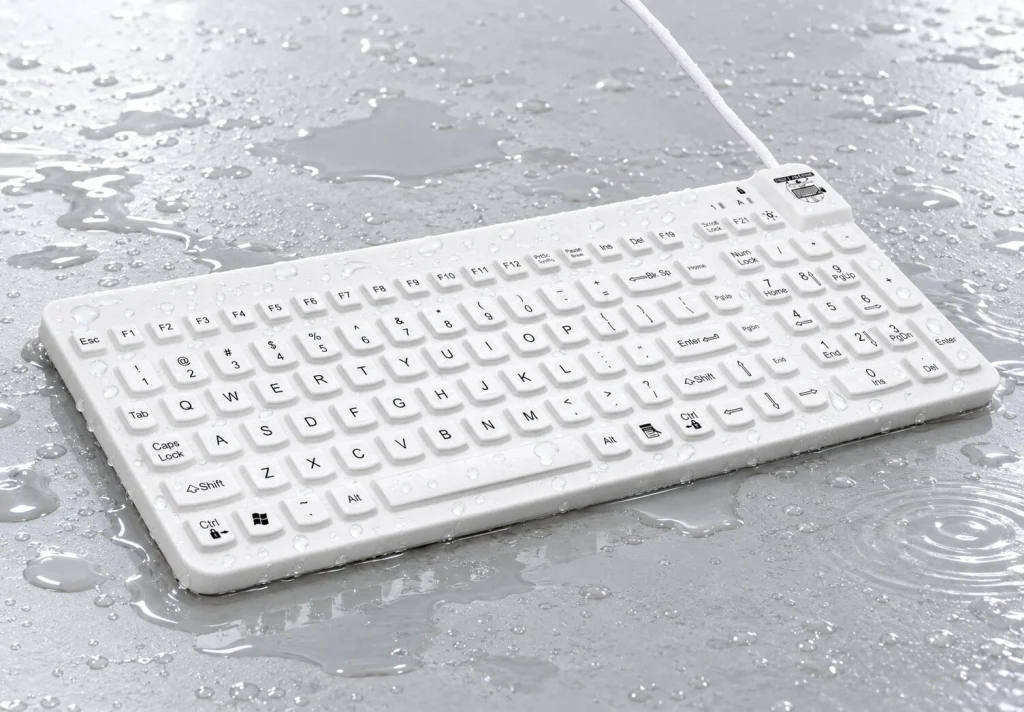 MMI Really Cool waterproof keyboard covered with water droplets on a wet worksurface
