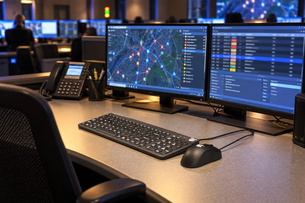 Black MMI keyboard and mouse at an active overnight public safety dispatch console