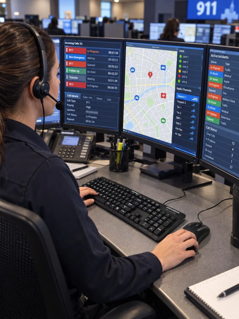 Dispatcher at a PSAP console using a keyboard and mouse beside multiple call and mapping monitors