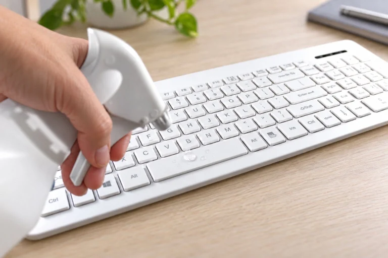 White MMI Washable keyboard with water droplets being sprayed on a worksurface