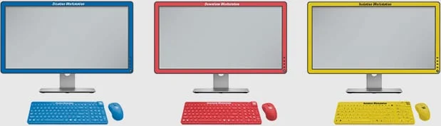 Blue Dictation Workstation, red Downtime Workstation, and yellow Isolation Workstation hardware messaging examples